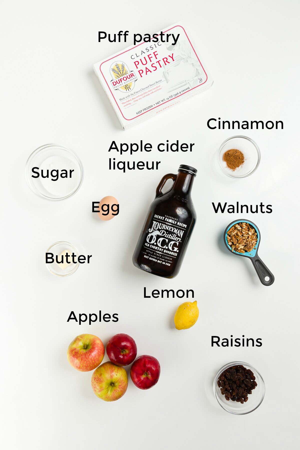 Labeled ingredient shot for everything in apple strudel