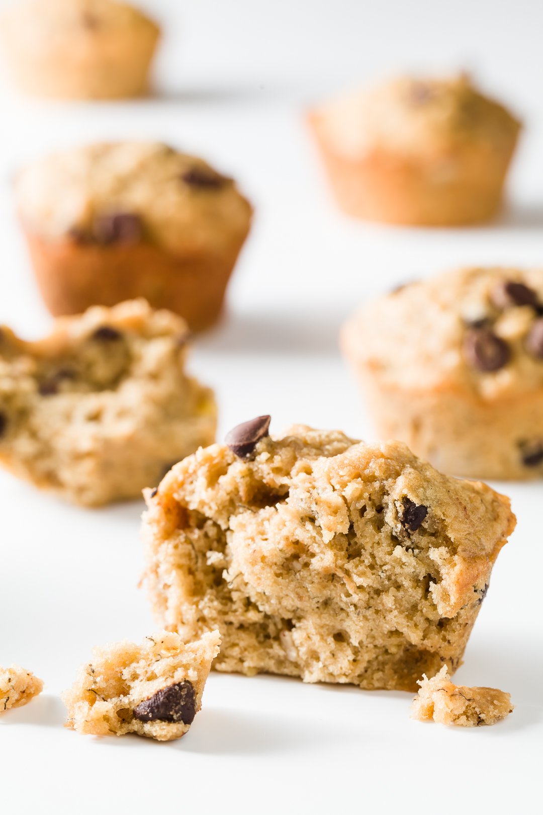 Banana oatmeal chocolate chip muffin broken open