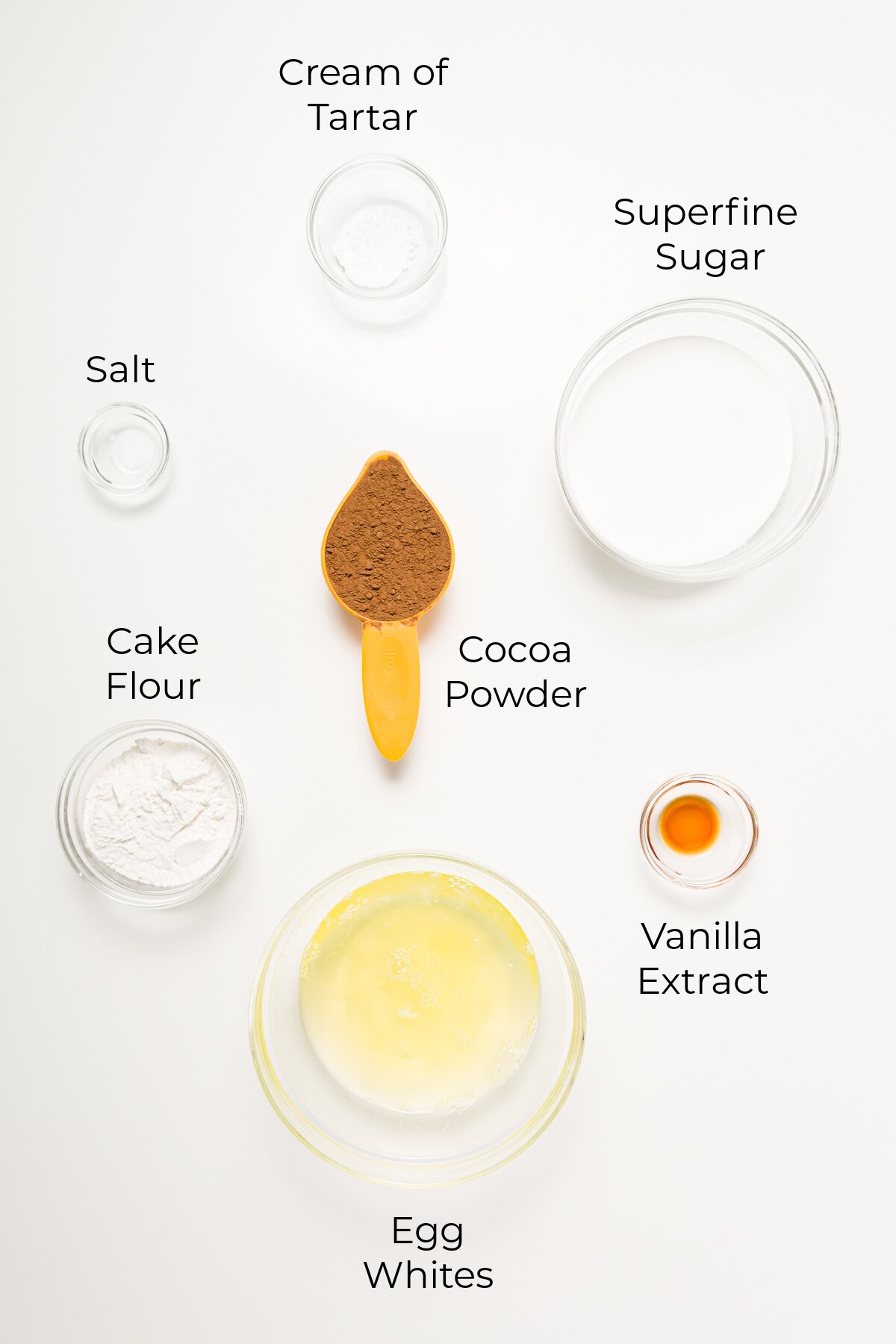 Top down view of chocolate angel food cake ingredients with labels