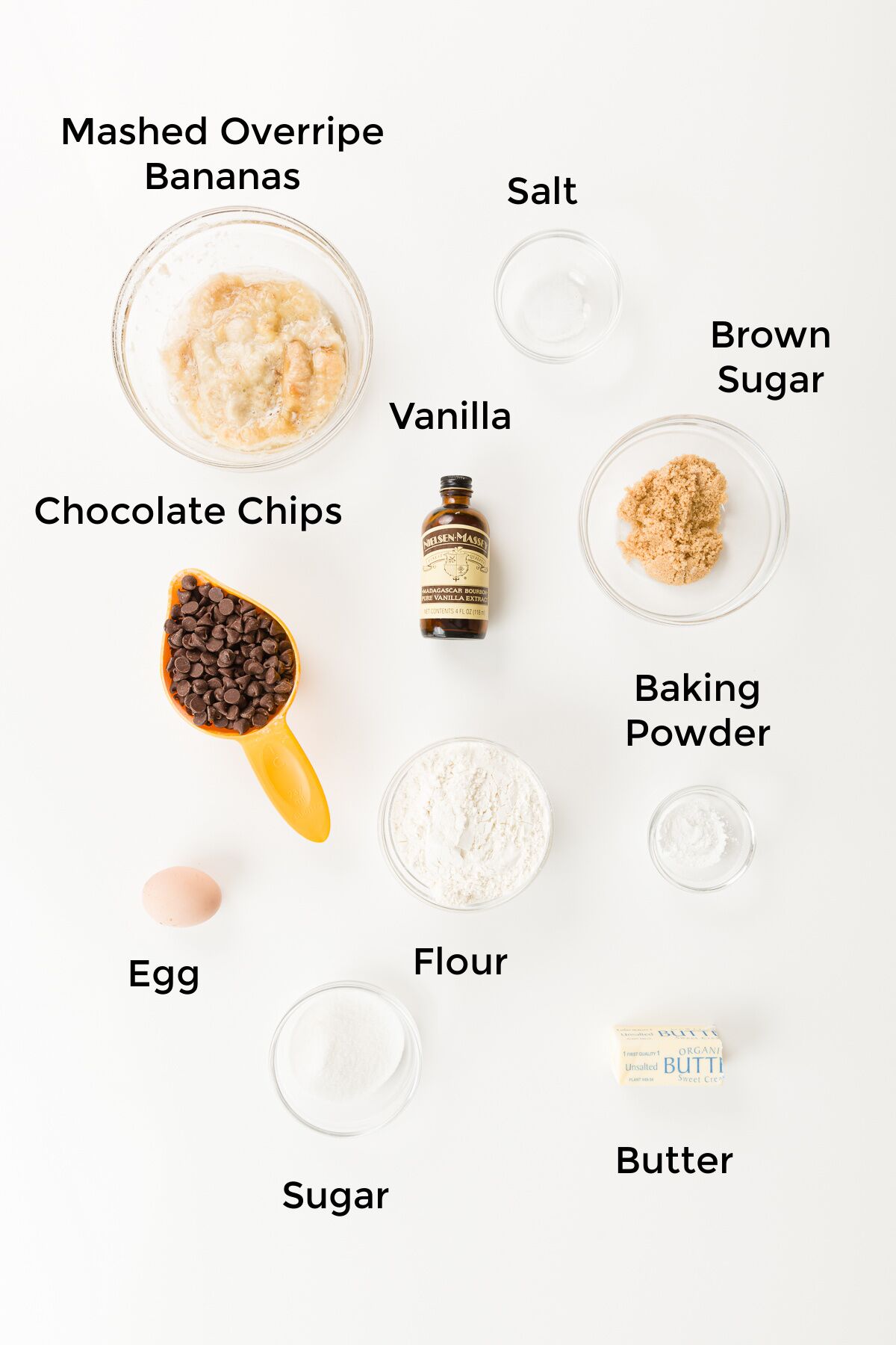 Top down photo of labeled ingredients for chocolate chip banana cookies