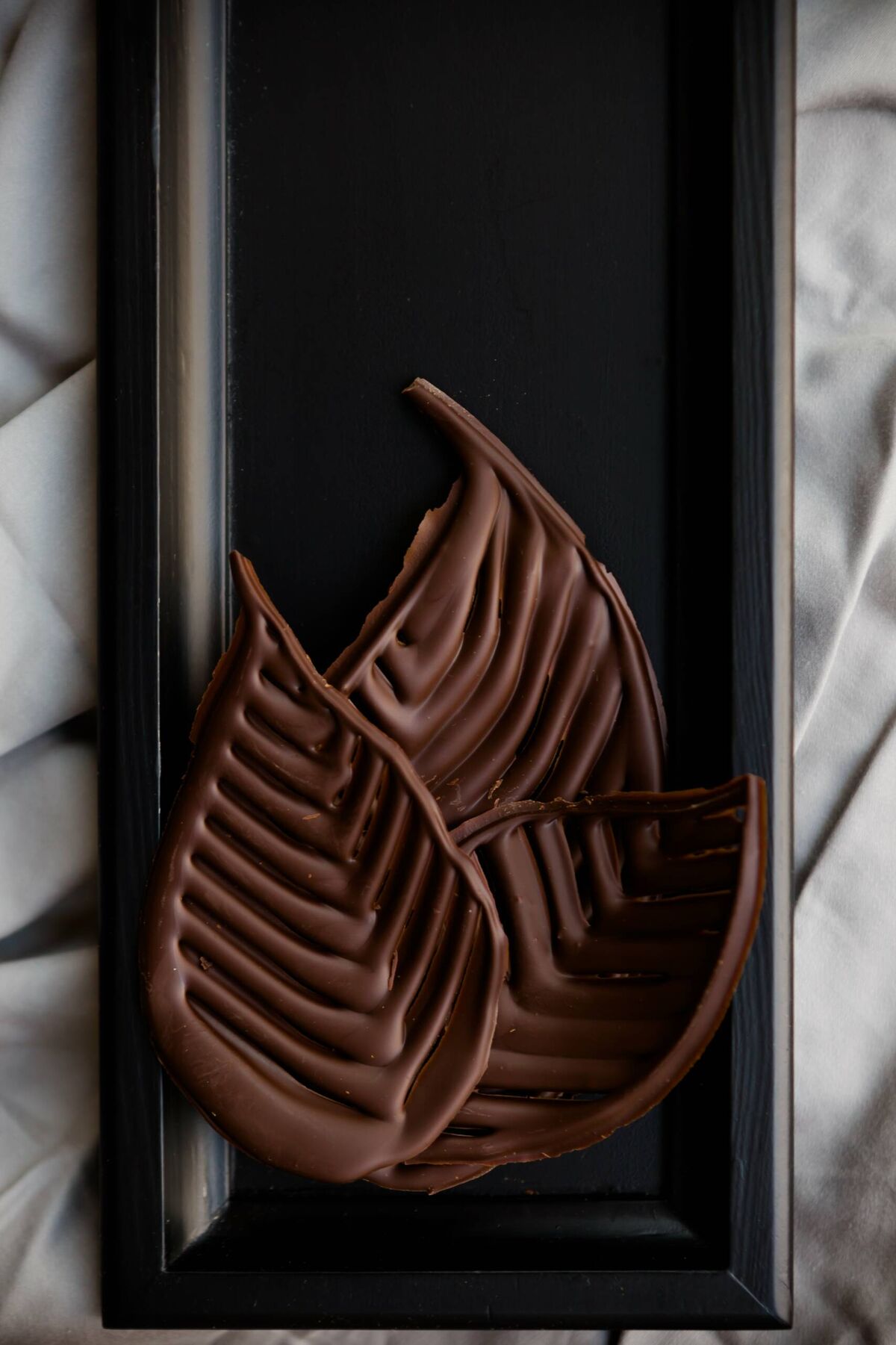 A few chocolate leaves on a black plate