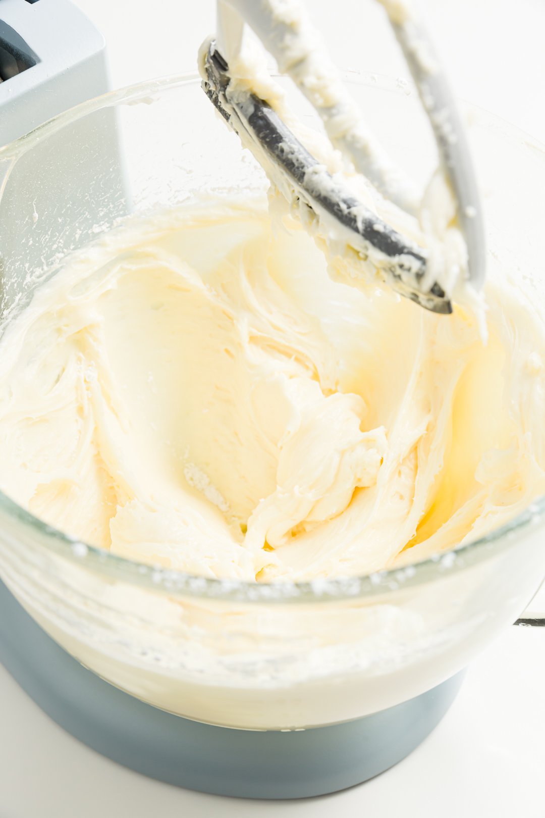 Butter and cream cheese mixed in a stand mixer