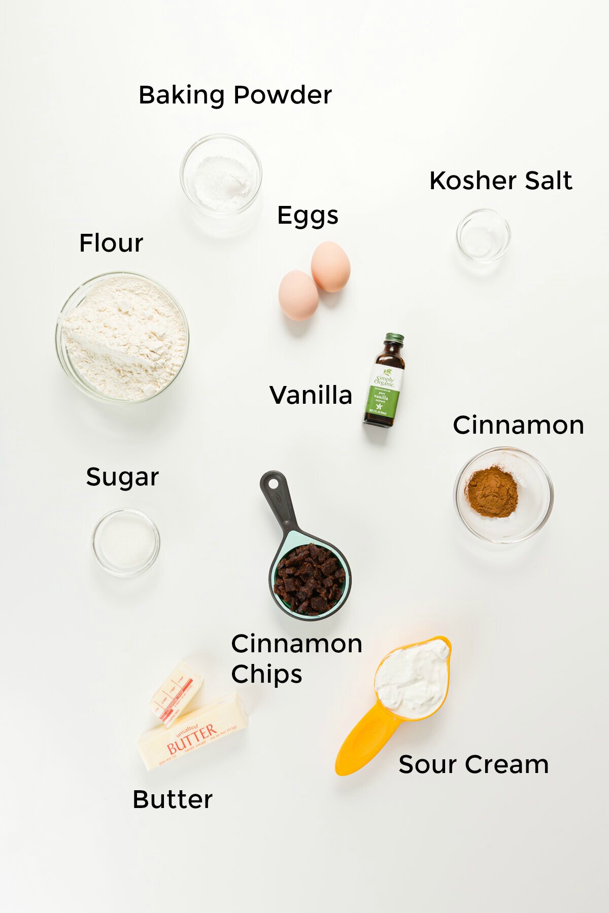 Labeled ingredient shot of everything in cinnamon scones