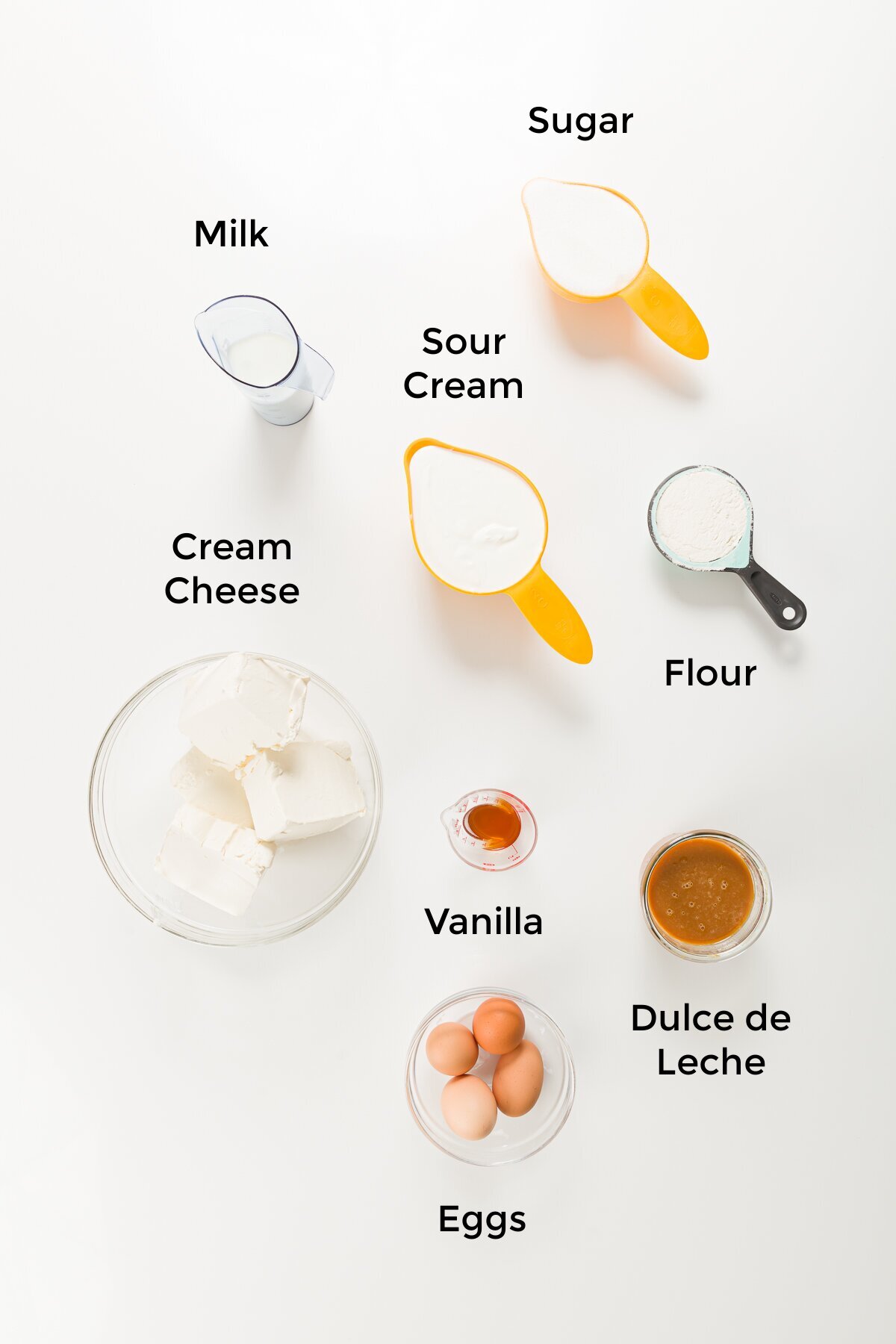 Top down ingredient shot of dulce de leche recipe ingredients
