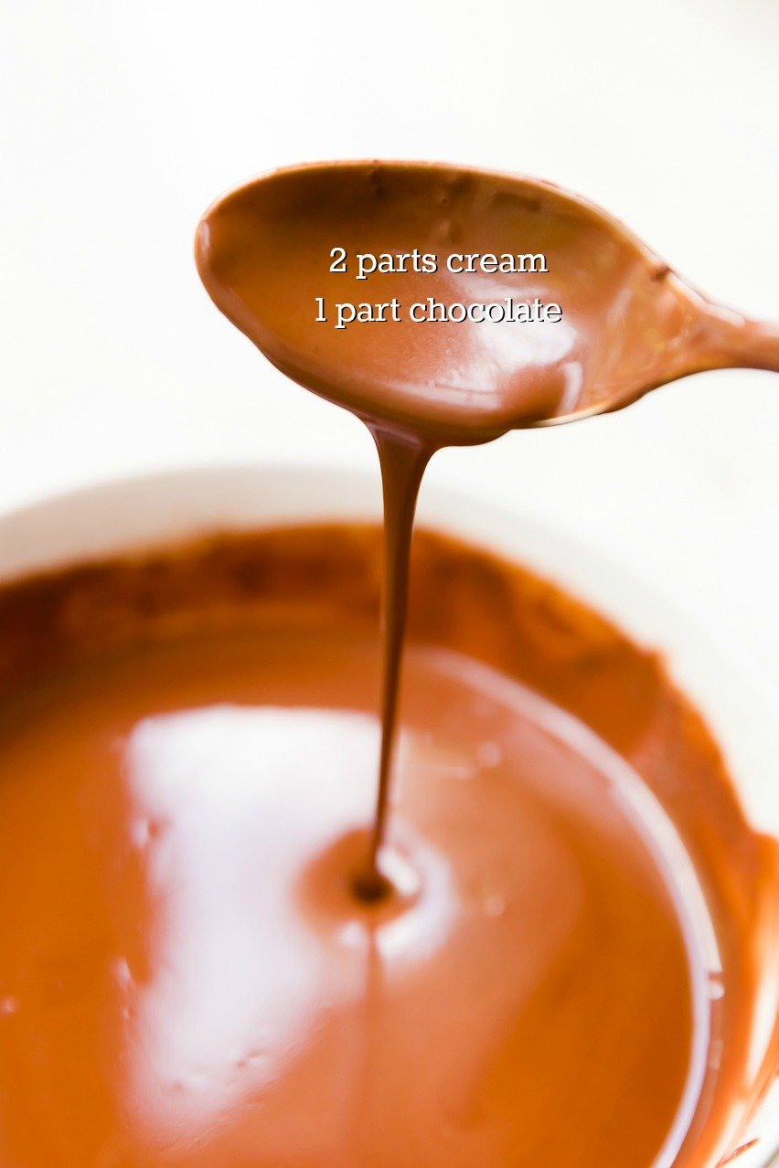Ganache dripping off of a spoon to show the consistency of ganache made with one part chocolate to two parts cream