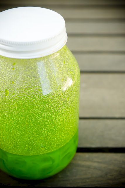 Jelly beans in a jar full of liquid to create a firm outer coating.