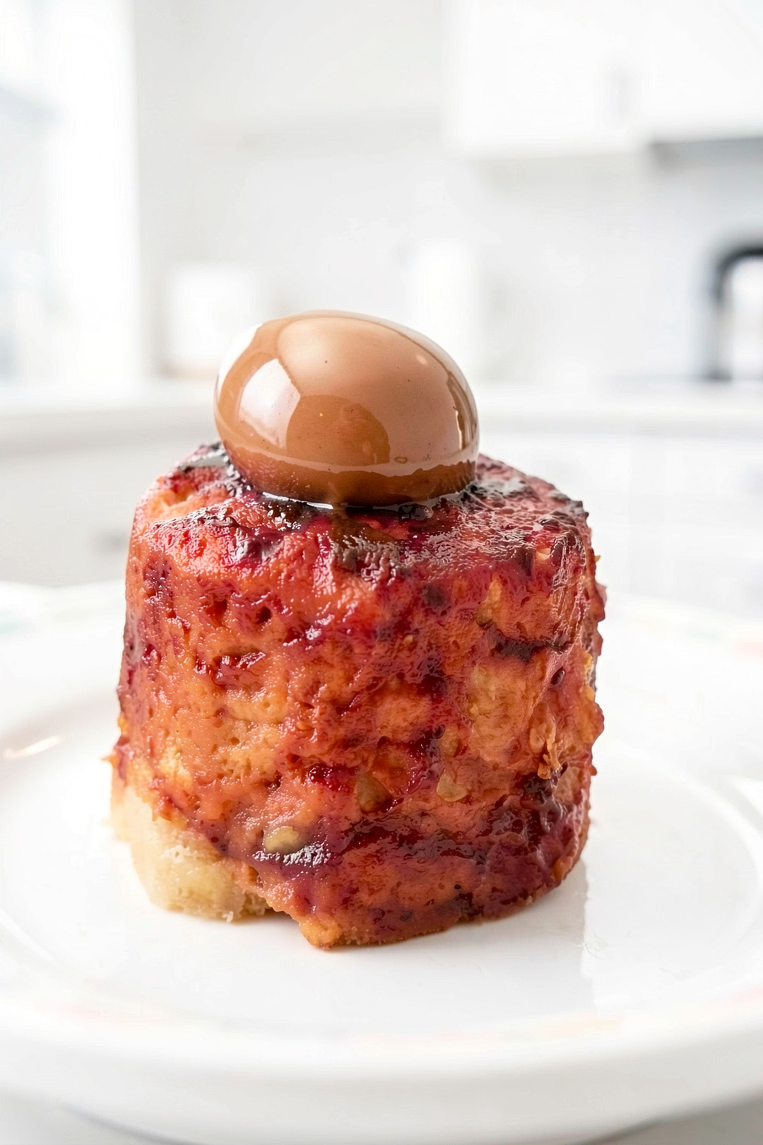 Finished microwave banana bread on a plate with a scoop of dulce de leche.