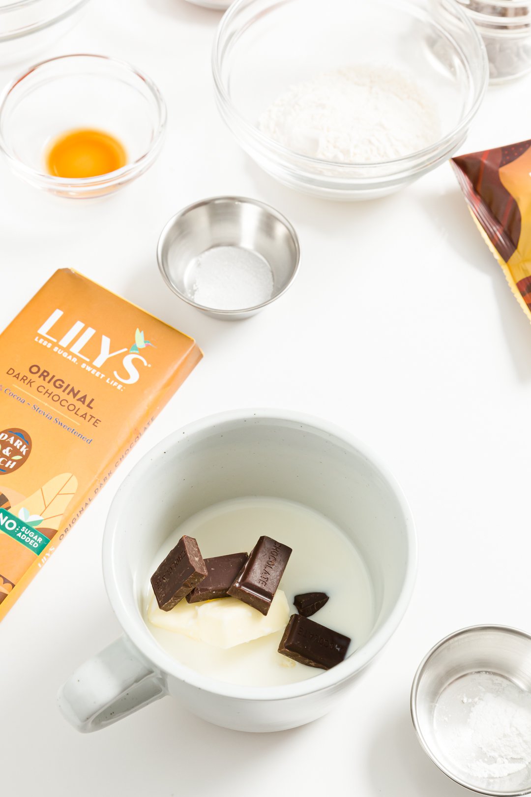 Melting chocolate, butter, and milk in a mug