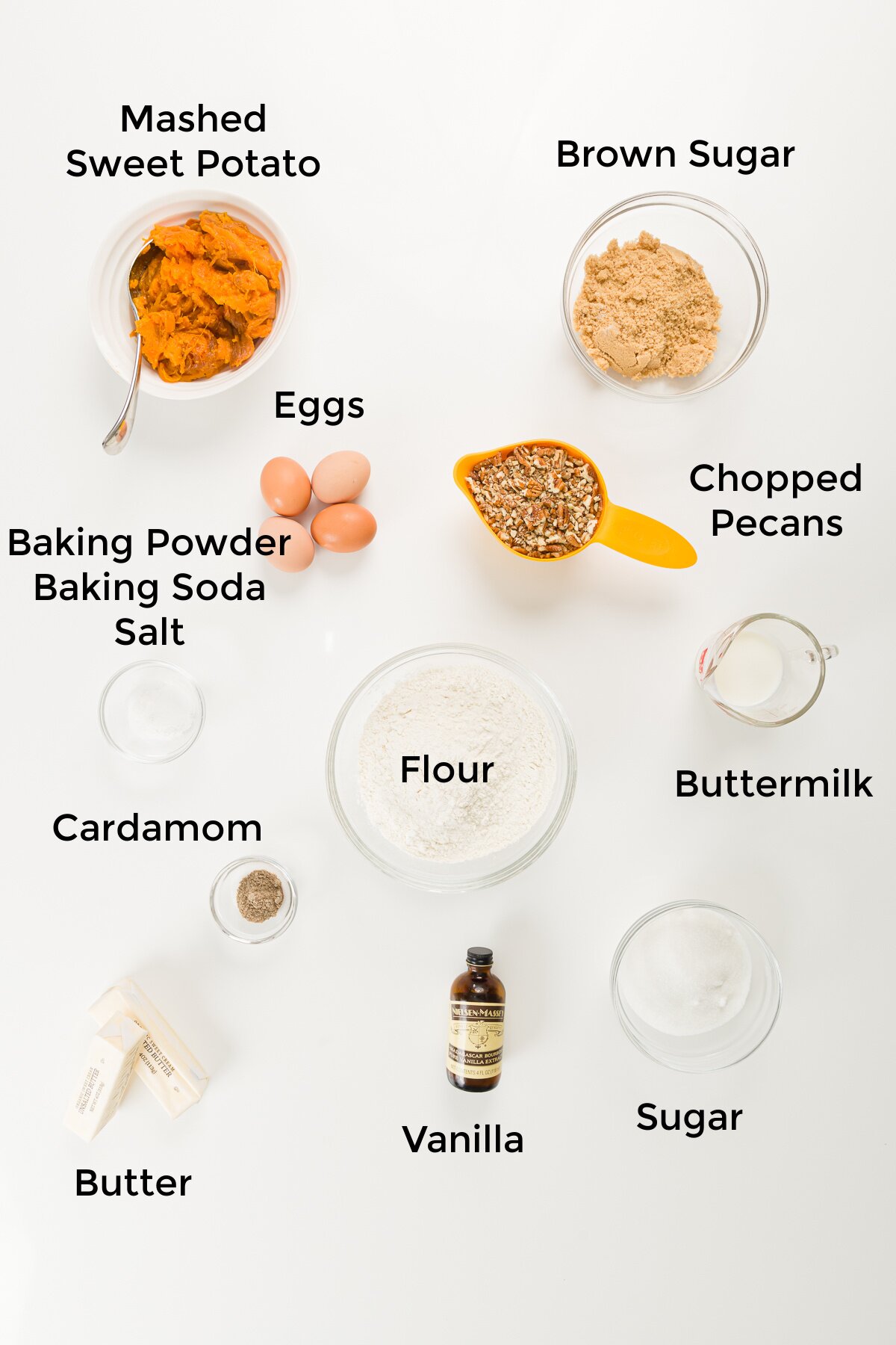 Overhead shot of sweet potato cake ingredients