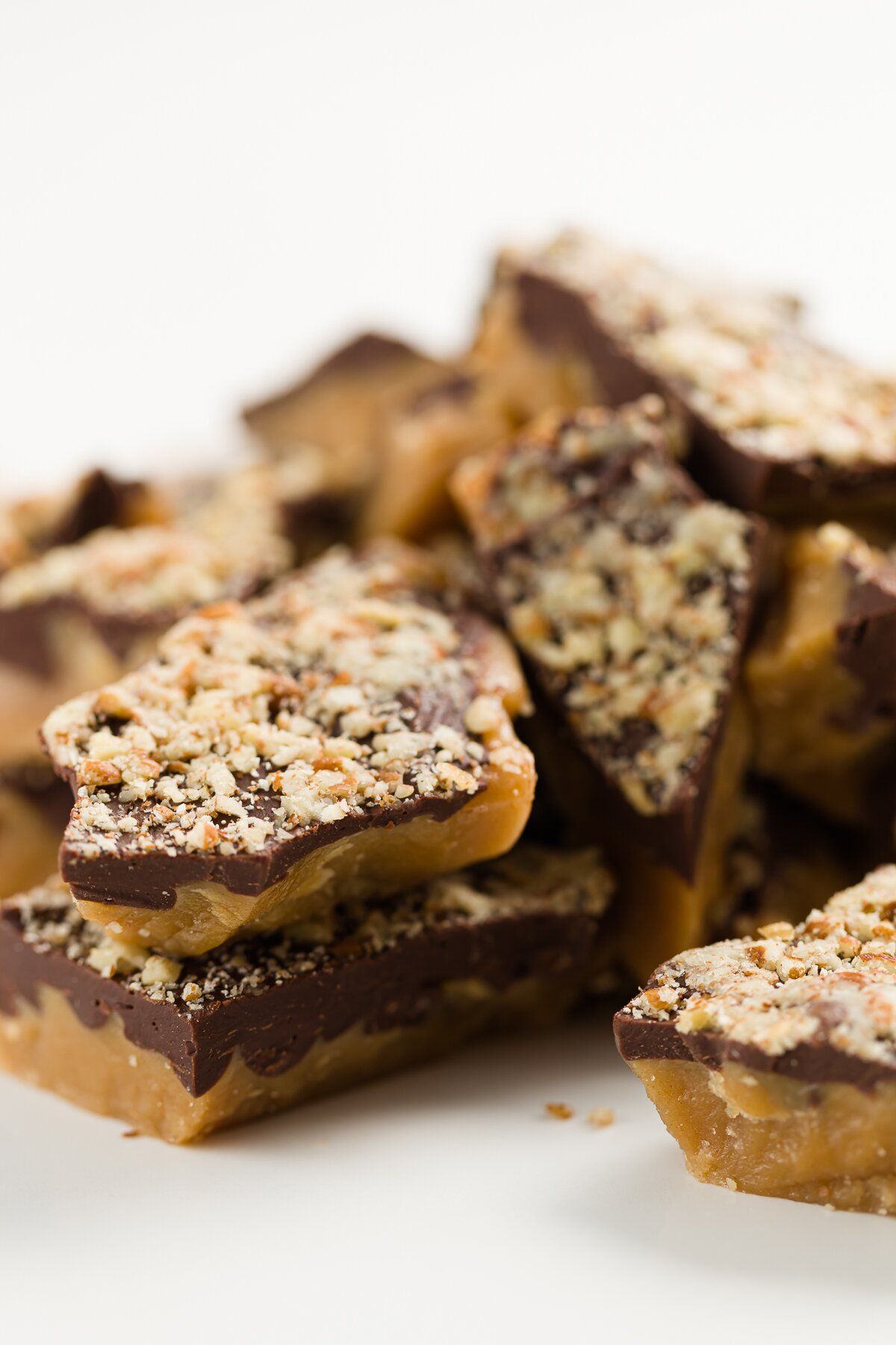 big pile of toffee on a white countertop