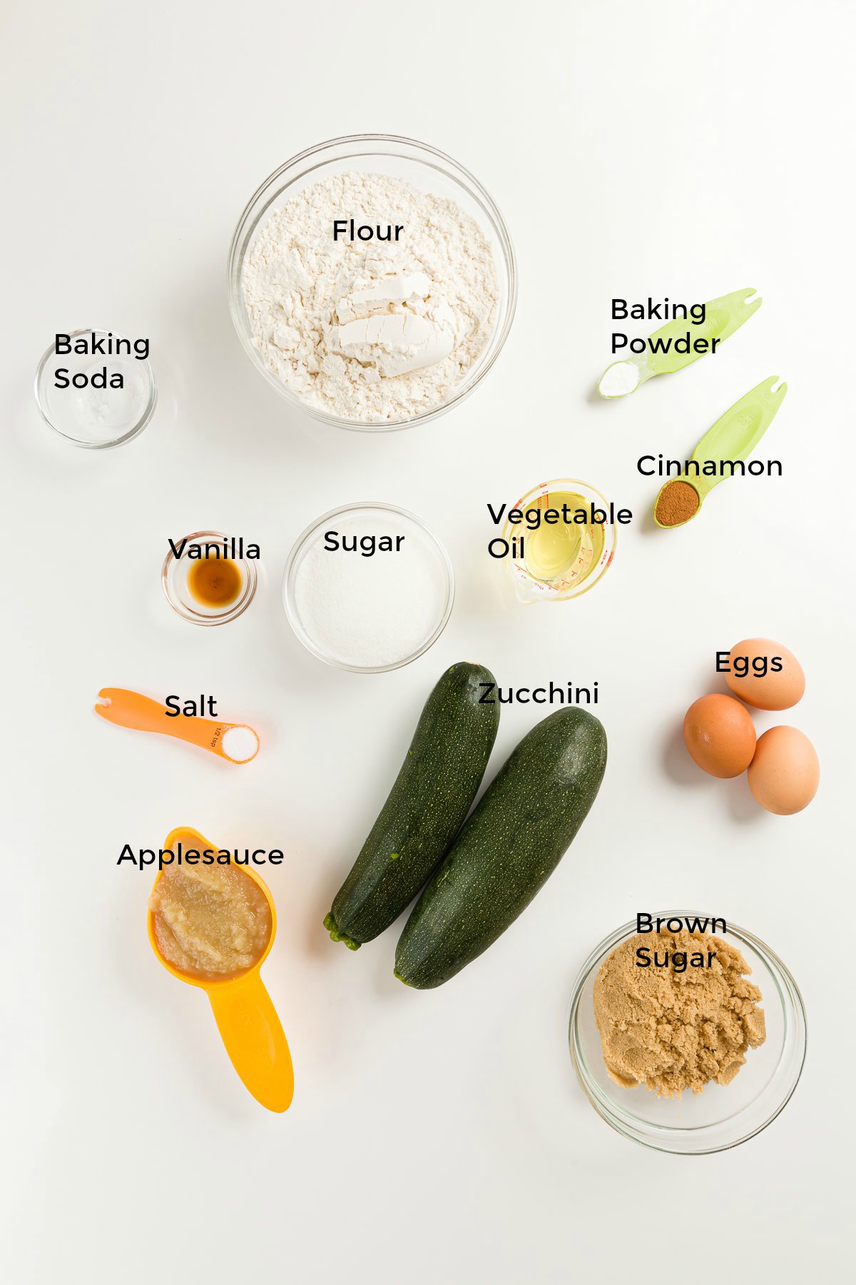 Each ingredient in apple sauce zucchini bread labeled with a name